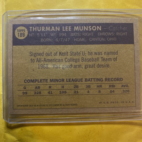 2001 Topps Archives Thurman Munson New York Yankees #189 PWE - Afbeelding 2 van 2