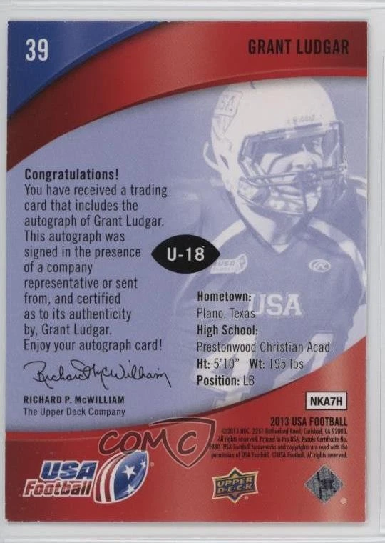 2013 Upper Deck USA Football Auto /49 Grant Ludgar #39 Auto - Image 2 of 2