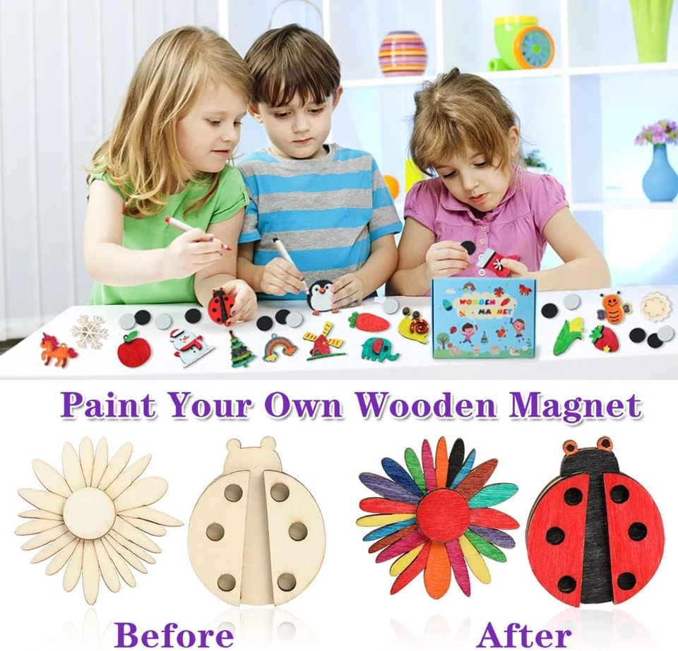DIY Wooden Magnets, 36 Pcs Wooden Art Craft Supplies Painting Kit for Kids Party - Image 4 of 4