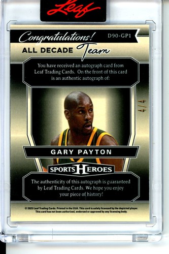 2025 Leaf Sports Heroes Gary Payton Auto All Decade 1990s SP Card 4/4 HOF - Picture 2 of 2