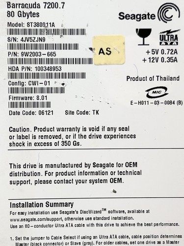 Seagate Barracuda 7200.7 ST380011A 3.5" PATA 80GB hard disk drive (UNTESTED) - Afbeelding 2 van 4