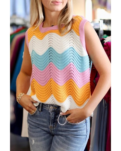 Azura Exchange Multicolour Striped Colorblock Scalloped Hem Knitted Vest Women