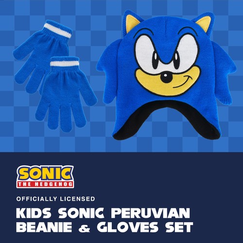 Sonic The Hedgehog Kids Beanie Cap and Matching Gloves, Winter Hat with Ears ... - Picture 2 of 6