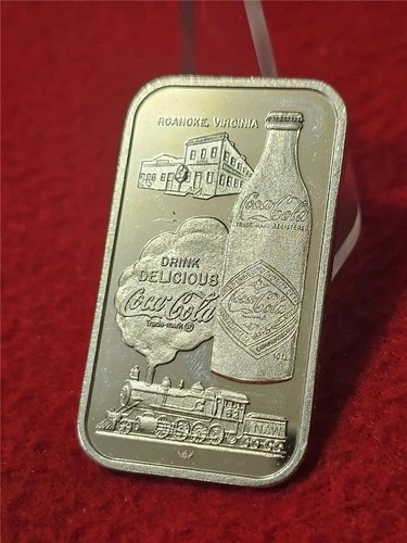 SILVER 1 TROY OZ 999.0 FINE SILVER INGOT 75TH ANNIV COCA-COLA ROANOKE, VA#T1983