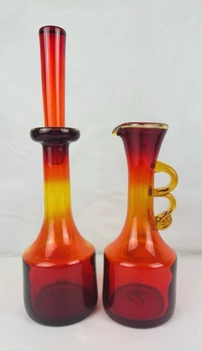 MCM 2pc Blenko Amberina Handblown Art Glass Decanter w/Stopper & Handled Pitcher