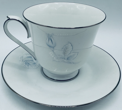Noritake Japan Virtue Pattern Platinum Edge White & Blue 2934 Tea Cup and Saucer - Picture 3 of 11