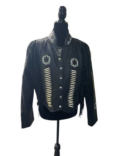 Sunriders Western Wear Black Leather Beaded/Fringed, Snap Close Jacket Size Lg