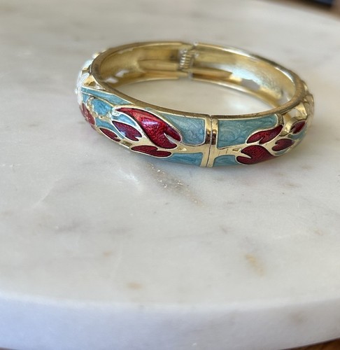 Vintage Bracelet Gold-Tone Enamel Rhinestones Hinged Jiu Long Xing Signed - Picture 4 of 10