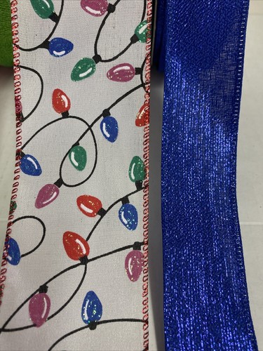 Christmas Wired Ribbon Red White Striped Green Colorful Light Bulbs Blue 4 Rolls - Picture 7 of 9