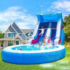 Giant 24FT Inflatable Blue Wave Water Slide with Pool  1100W Blower for Kids
