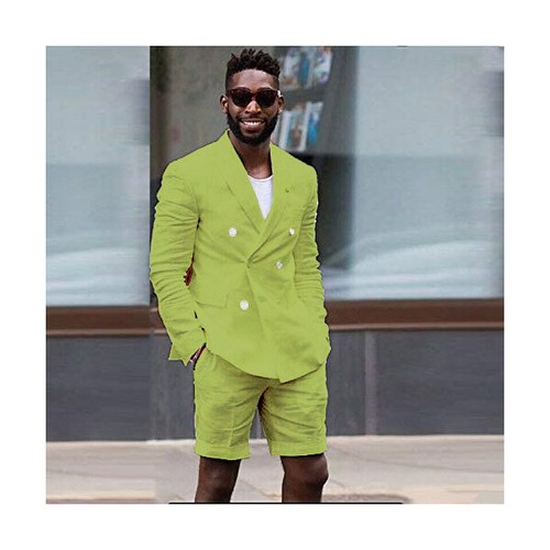 Men Casual Beach Linen Suit Tuxedo Wedding Groom Prom Party Short Pants Custom - Picture 15 of 17