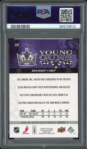 2008-09 Upper Deck Young Guns Drew Doughty #220 PSA 9 MINT Rookie RC - Foto 2 di 2