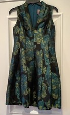 Vince Camuto Dress Size 4 Green Blue Floral Brocade VNeck Sleeveless Pockets