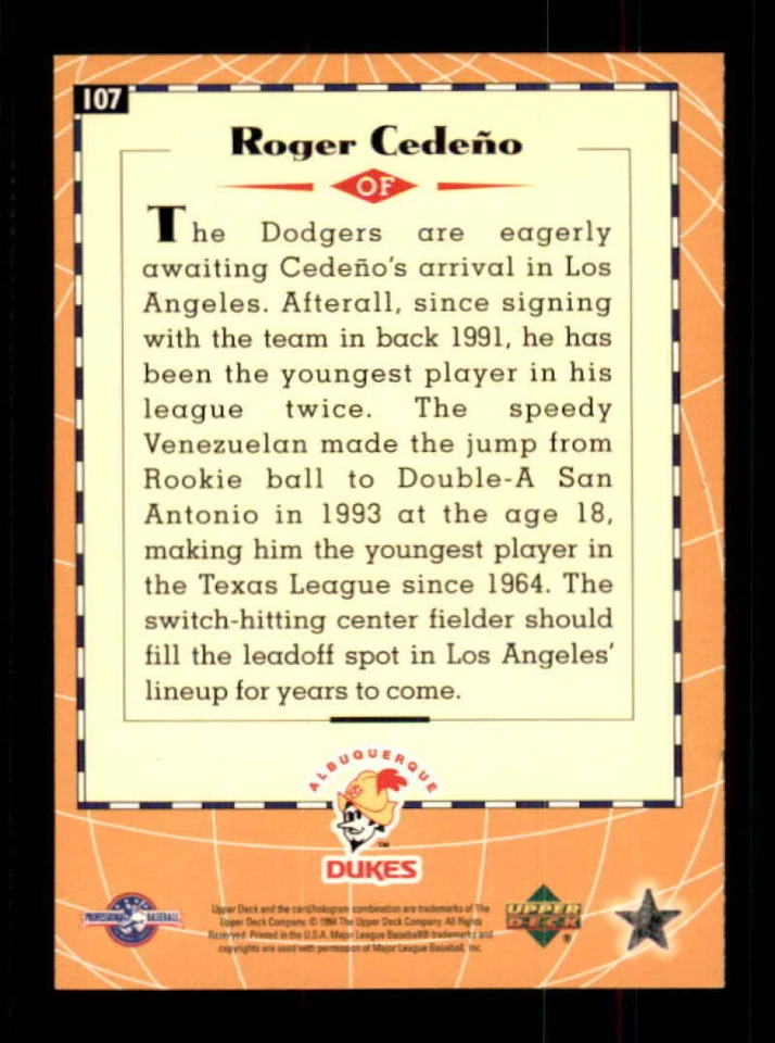 1994 Upper Deck #107 ROGER CEDENO AUTOGRAPHED!!! 239725 - Image 2 of 2