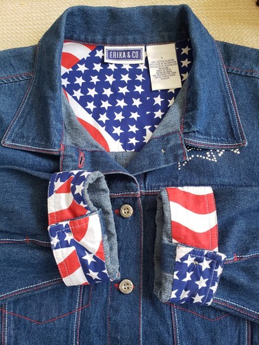ERIKA & CO Jean Trucker Jacket Women L Blue Cotton Button Embroidered Ame Flag - Picture 14 of 15