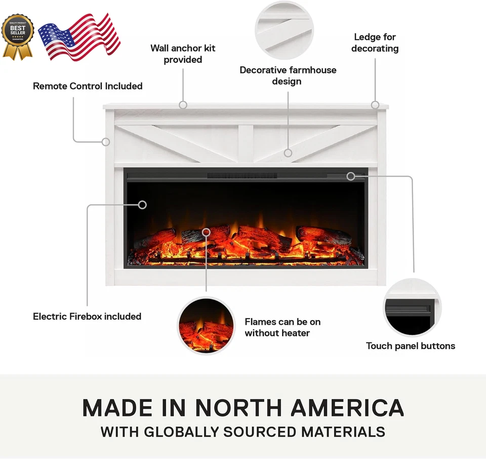 Electric Fireplace 49" Ivory Oak Farmington Wide Modern Farmhouse Mantel NEW - Image 4 of 4