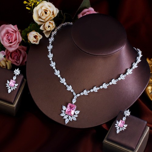 Long Leaf Square Drop Wedding Necklace Earring Silver Plated CZ Pink Jewelry Set - Picture 7 of 8