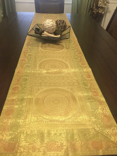 Table Runner Gold Silk Tapestry Brocade Mandala 8 to 10 Seater Runner Decor Gift - 第 2/8 張圖片