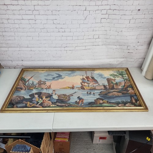 Vintage Landscape Margot De Paris XL Completed Embroidered Tapestry Framed Ships - Picture 2 of 24
