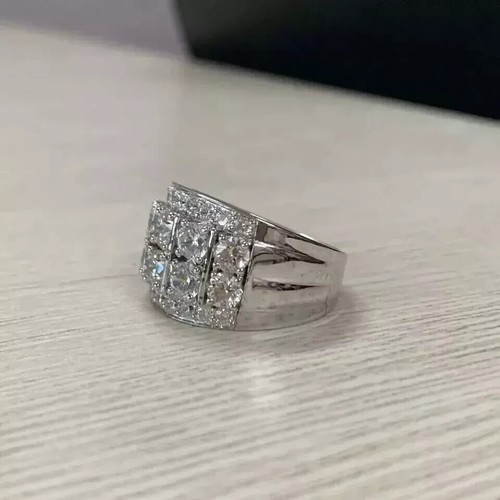 3Ct Round Cut Real Moissanite Cluster Men's Wedding Ring 14K White Gold Plated - Picture 6 of 8