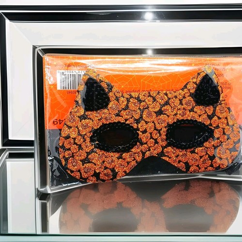 Halloween Cosplay Cat Half Face Eye Mask Orange Sequin And Glitter - Picture 2 of 3