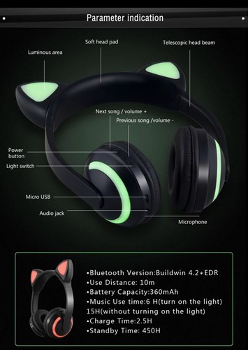 Wireless Bluetooth Cat Ears Headband LED Lights Headphones/Earphone/Headset NWOB - Picture 6 of 12