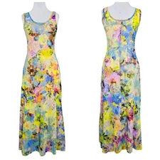 FUZZI Italy M Floral Watercolor Print Sleeveless Tank Stretchy Mesh Maxi Dress