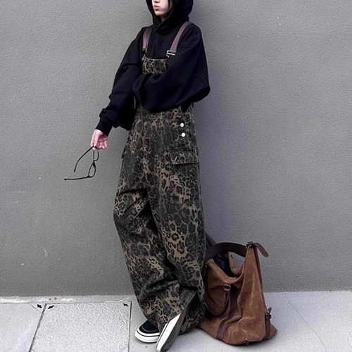 Women's Retro Street Style Leopard Print Pocket Overalls Casual Loose Fit - Picture 10 of 15