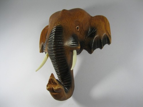 8" WOODEN THAI ELEPHANT’S HEAD Wood Carved Hanging Wall Home Decor Collectible - Picture 7 of 8