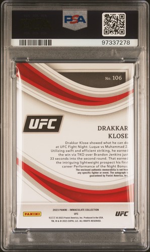 Drakkar Klose 2023 Panini Immaculate UFC #106 Auto /30 Rookie PSA 10 POP 1 - Picture 2 of 2