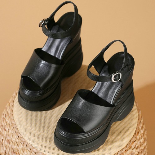 Plus Size Wedges Pumps Womens Cow Leather High Heel Roman Sandals Big Size Shoes - Picture 4 of 16