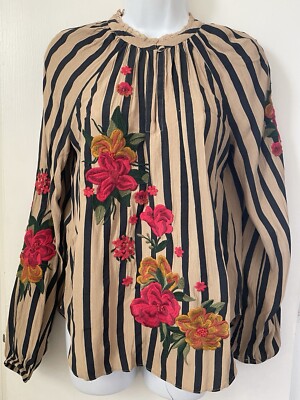 Anthropologie Akemi & Kin XS Manuela Striped Embroidered Floral Peasant Top