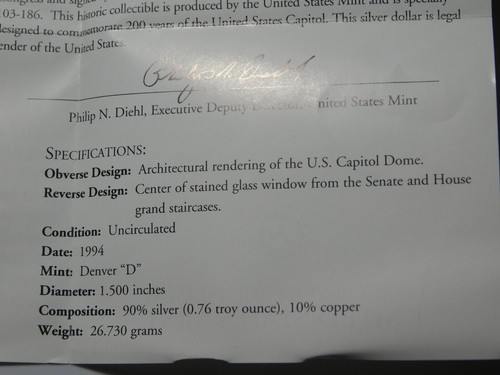 OLD US COINS 1994 D US CAPITOL UNC COMMEMORATIVE SILVER DOLLAR in BOX - Picture 6 of 14