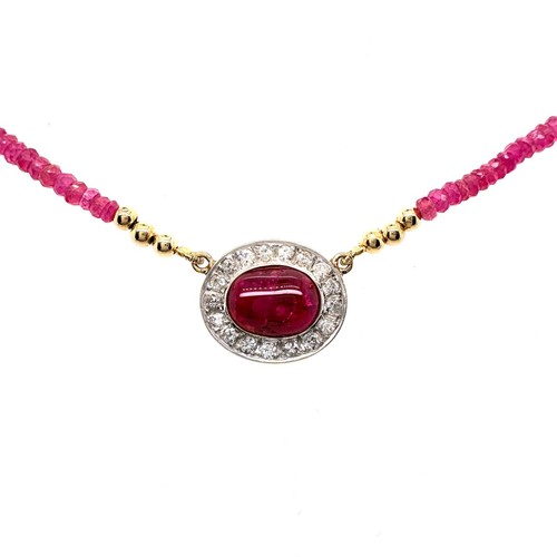 14K Gold 18" Ruby Bead Necklace w Oval Ruby Cabochon in Diamond Halo Pendant