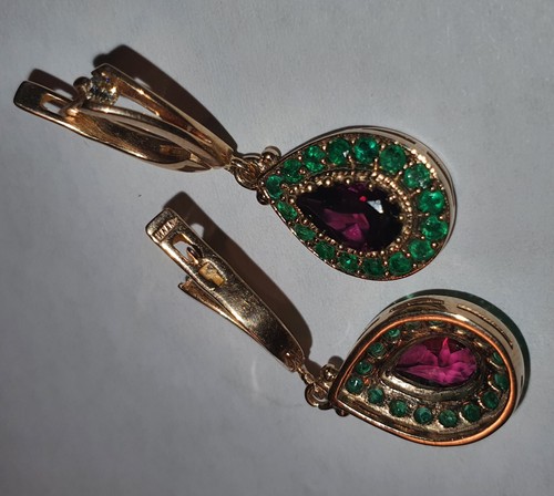 14K Yellow Gold Natural Diamond, Rhodolite Garnet and Emerald Earrings - Picture 10 of 14