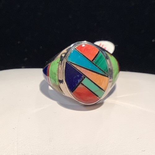 SOUTHWESTERN TURQUOISE MULTI STONE INLAID STERLING SILVER RING Size 12.5 - Picture 4 of 5