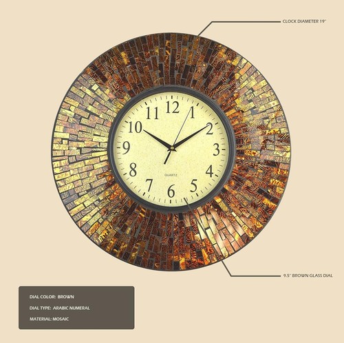 19" Baltic Amber Mosaic Wall Clock with 9.5" Brown Arabic Glass Dial, 4.50" M... - Picture 9 of 9