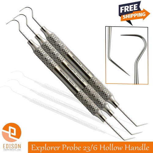 Set Of 3 Dental Explorer Probes - Stainless Steel Tartar Scaler & Periodontal Tools By Medentra