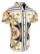 Mens Short Sleeve Shirt Colorful Italian Floral Paisley Stretch Slim Fit Button