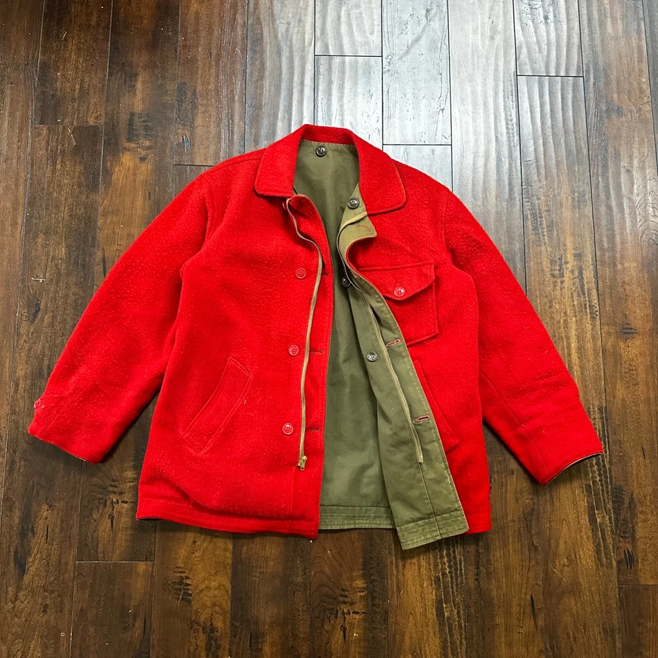 VTG 40s 50s Wool Western Coat Jacket Rockabilly Red Military Green WWII RARE - Image 2 of 4