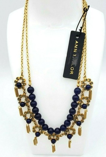 Ann Taylor Necklace NWT Collar Statement Navy Beaded Gold Toned Chain Tassel 16" - Picture 3 of 6