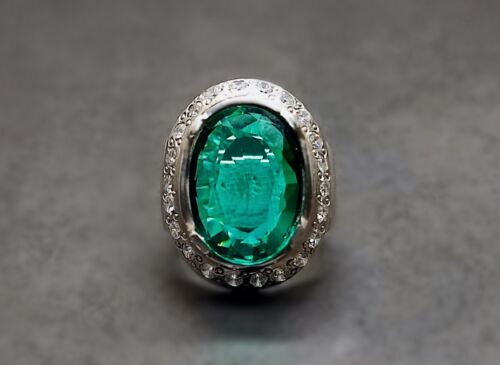 16 Carat Lab Created Deep Green Emerald Sterling Silver 925 Handmade Mens Ring - Picture 10 of 12