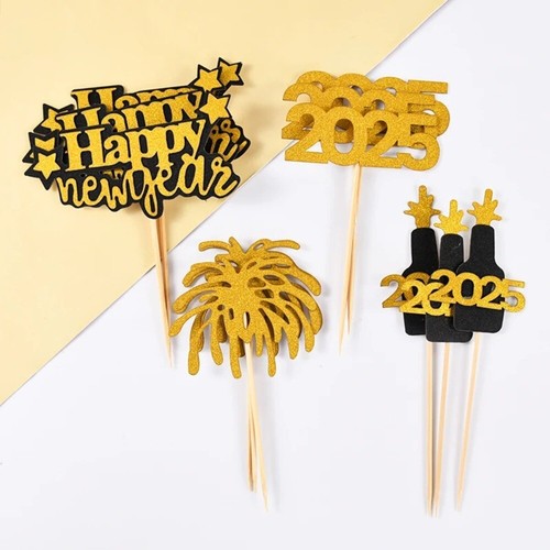 12pcs New Year's Eve Party 2025 Cupcake Topper Glitter Gold Baking Accessories - Picture 5 of 16