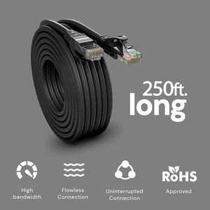 Cat6 Câble Ethernet 250Ft BLACK Plein air- Intérieur sans tache longue ronde RJ45 Réseau