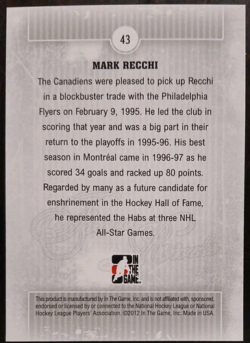 2012 - 2013 ITG Mark Recchi Forever Rivals Gold /30 #43 Hockey Card - Picture 2 of 2