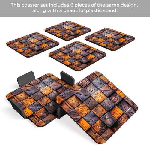 Gutsy 3D Wooden Effect Coasters Set of 6 Round & Square with Holder - Cork Base - Picture 40 of 170