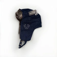 NEW True Religion Trapper Hat Denim Faux Fur Horseshoe Pockets Chin Strap