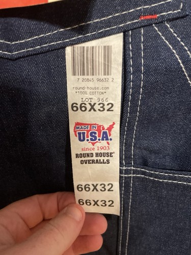 NWT Round House USA Made Button Fly Capenter Bib Overalls Blue Jean Denim 66X32 - Picture 4 of 6