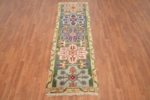 Green Wool Kazak Indian Runner Rug 3x8 Hand-knotted Geometric Oriental Carpet - Bild 2 von 12