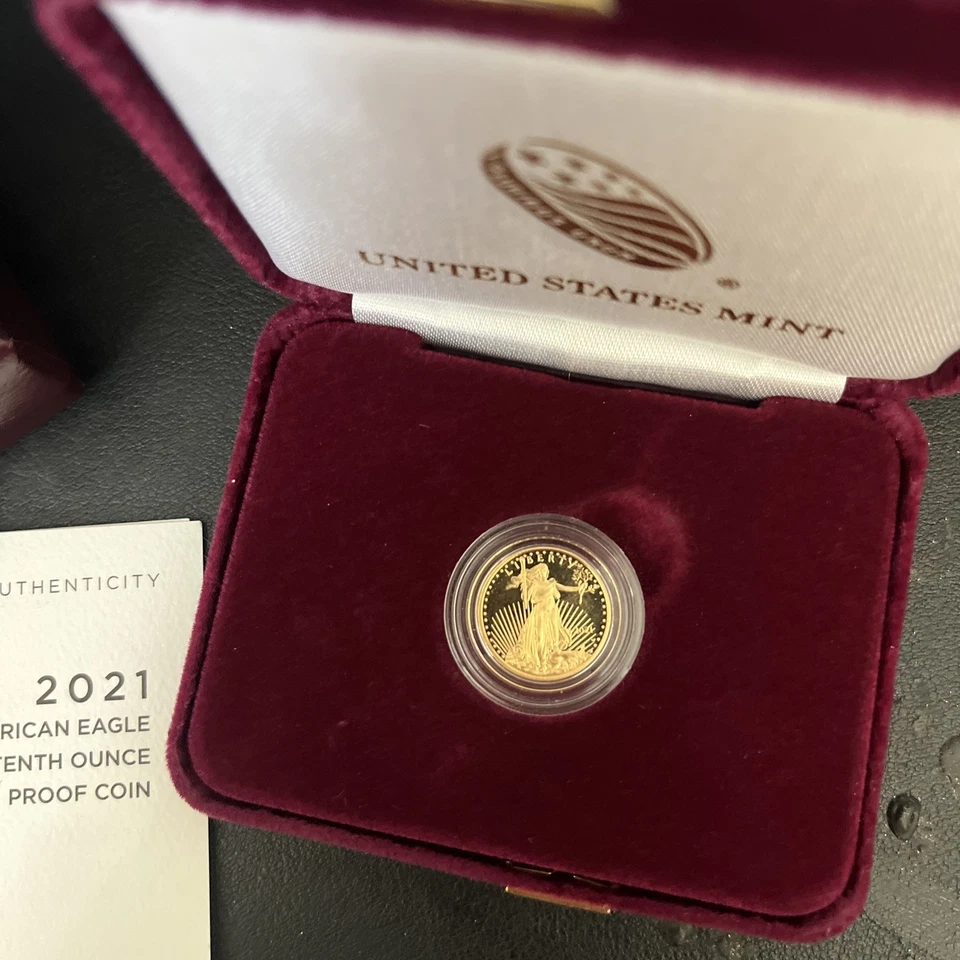 American Eagle 2021 W 1/10 oz prueba oro décima onza G$5 tipo 1 T-1 raro Foto 2 de 3